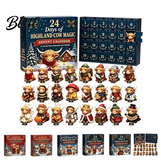 Desktop Holiday Ornaments 24 Days of 3D Highland Cow Christmas Advent Calendar, Cute Farm Party Favors Cattle Countdown Calendar with Mini Figurines