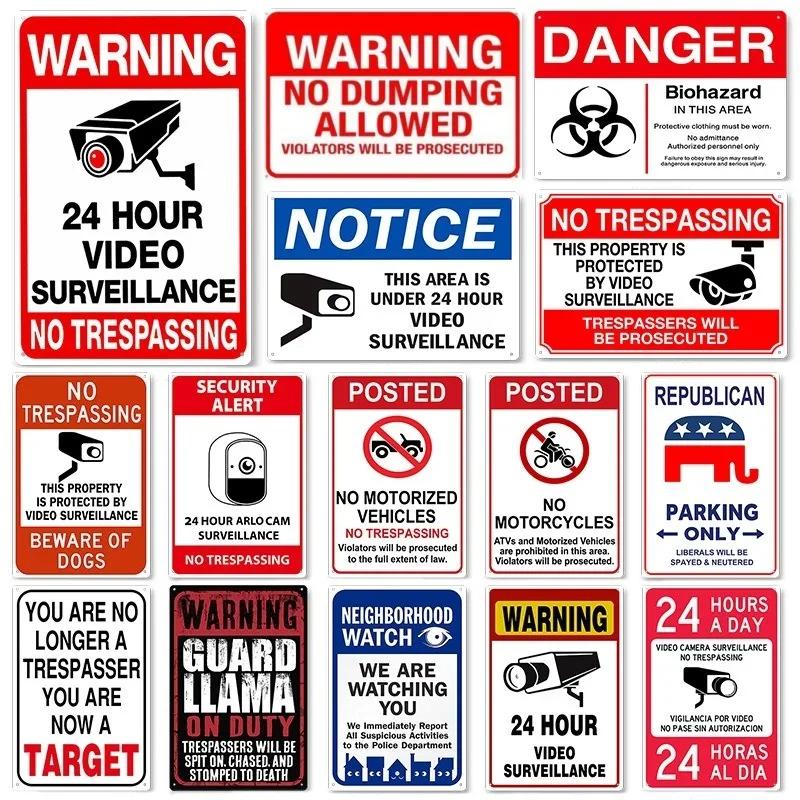 Tin Sign No Trespassing Warning Sign 24 Hour Video Surveillance Metal Board Poster Bar Home Decor Plate Warn Signs Wall Plaques