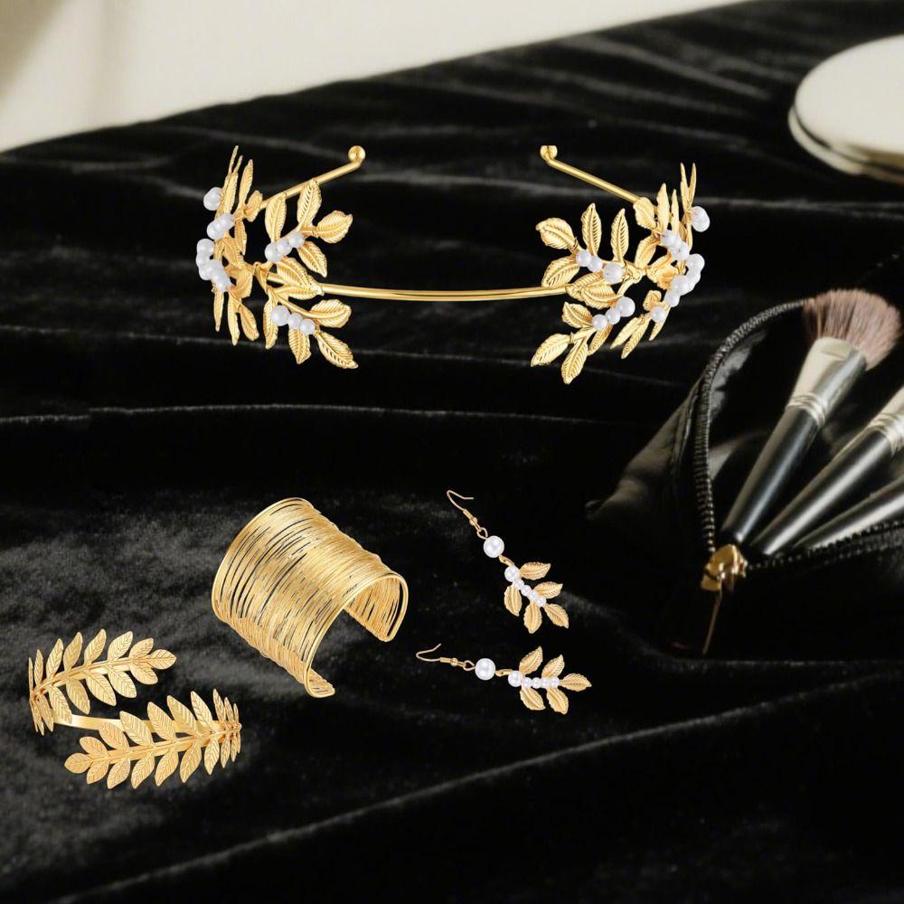 Pente de Cabelo Dourado Folhas Douradas para Noiva Pulseira de Braço Coroa de Folhas de Louro Conjunto de Joias de Deusa Festa Temática