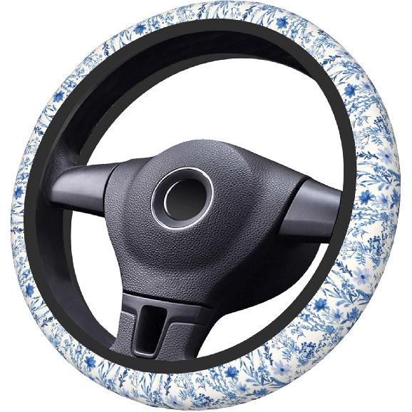 Blue Floral Steering Wheel Cover For Women & Men – Universal 15 Inch Car Accessories, Non-Slip & Stylish Design, Fits Most Cars, SUVs, And Auto