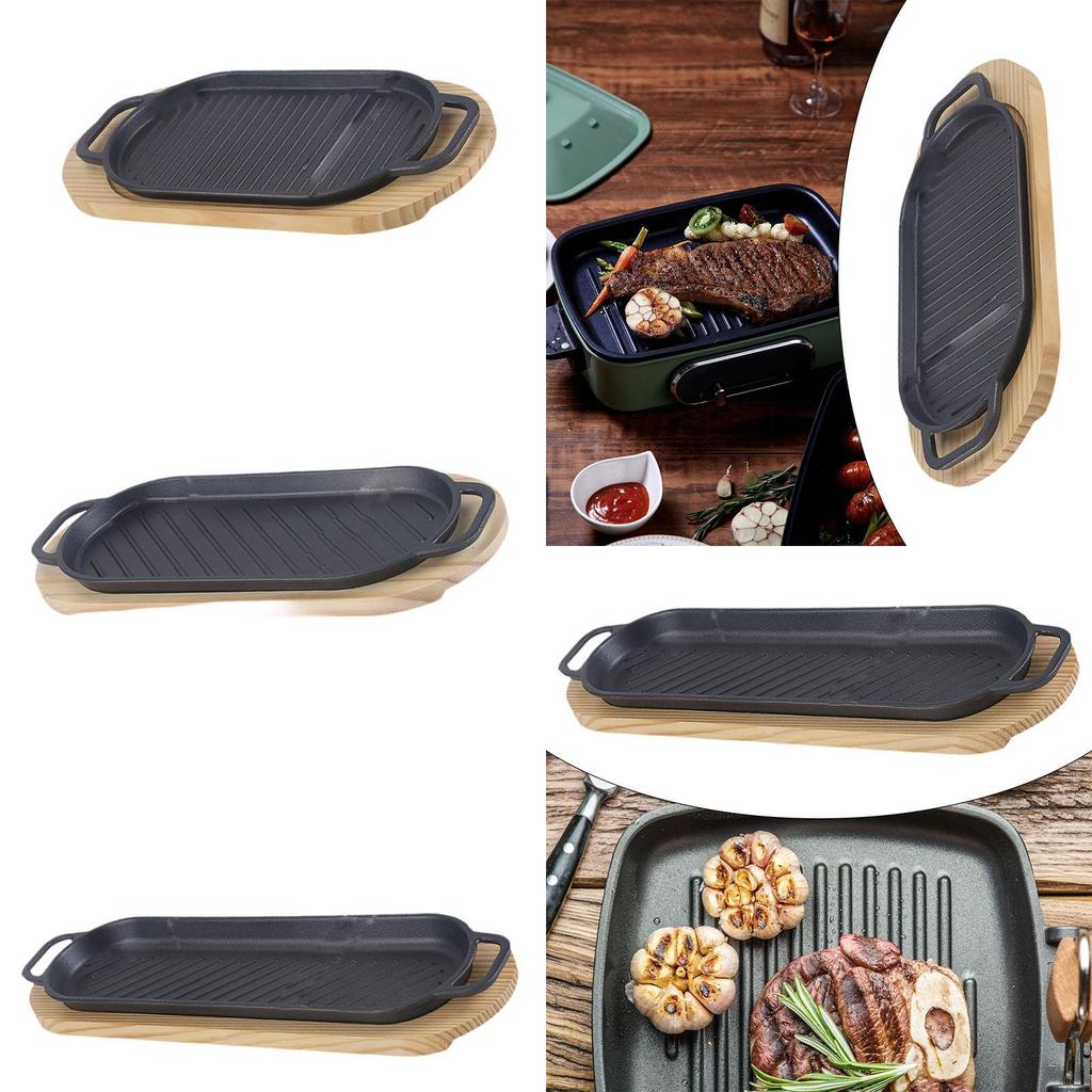 BBQ Grilling Pan with Wooden Base for Vegetables And Steak Frying