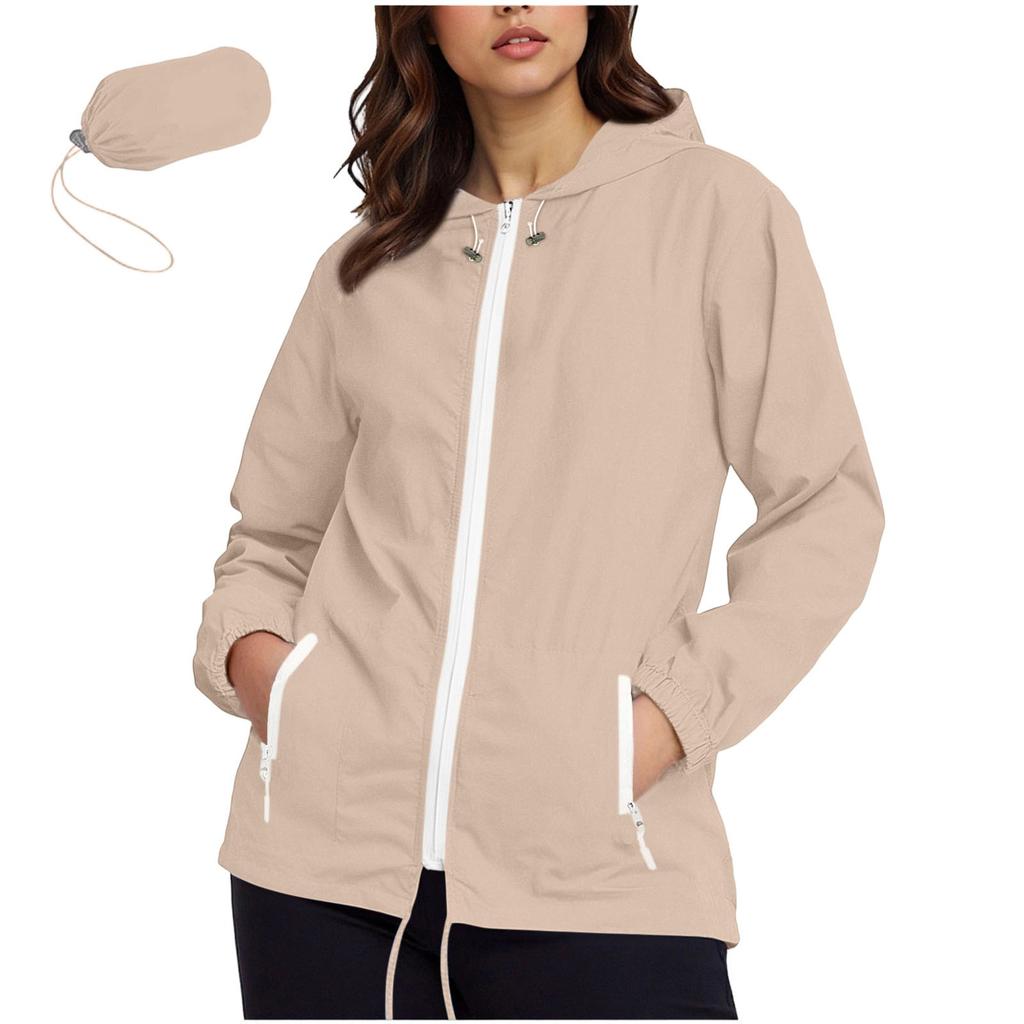 Women's Fashionable Casual Classic Plus Size Lightweight Zipped Long-Sleeved Hooded Jacket Foldable Outerwear With Packable Storage Pouch