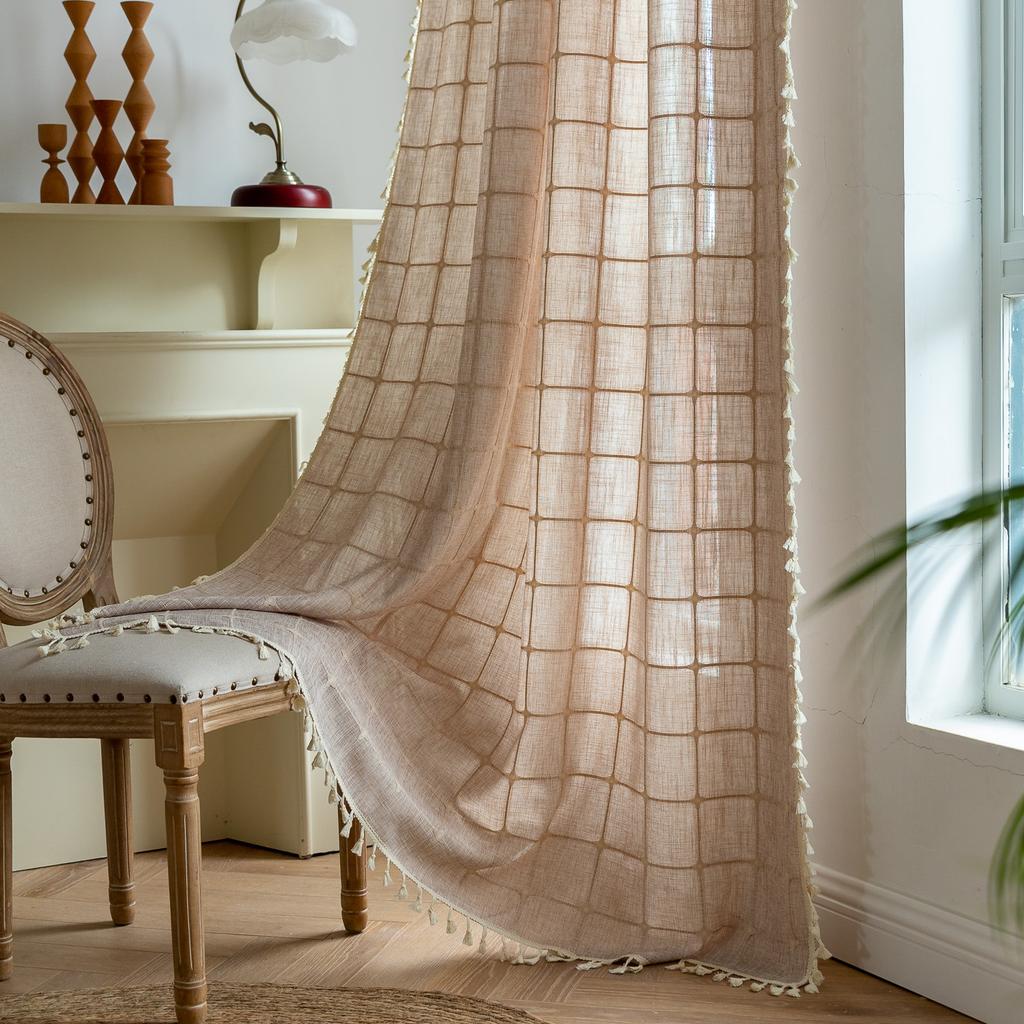 Curtain Finished Non-Punching Cover Pole Type American Living Room Bedroom Fringed Balcony Plaid Curtain