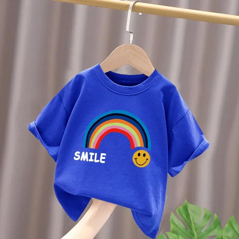 Summer Cotton Children Tshirt Cartoon Rainbow Smile Face Printed Korean Kids Tshirt Boys Girls Comfortable Short Sleeve Tee Top