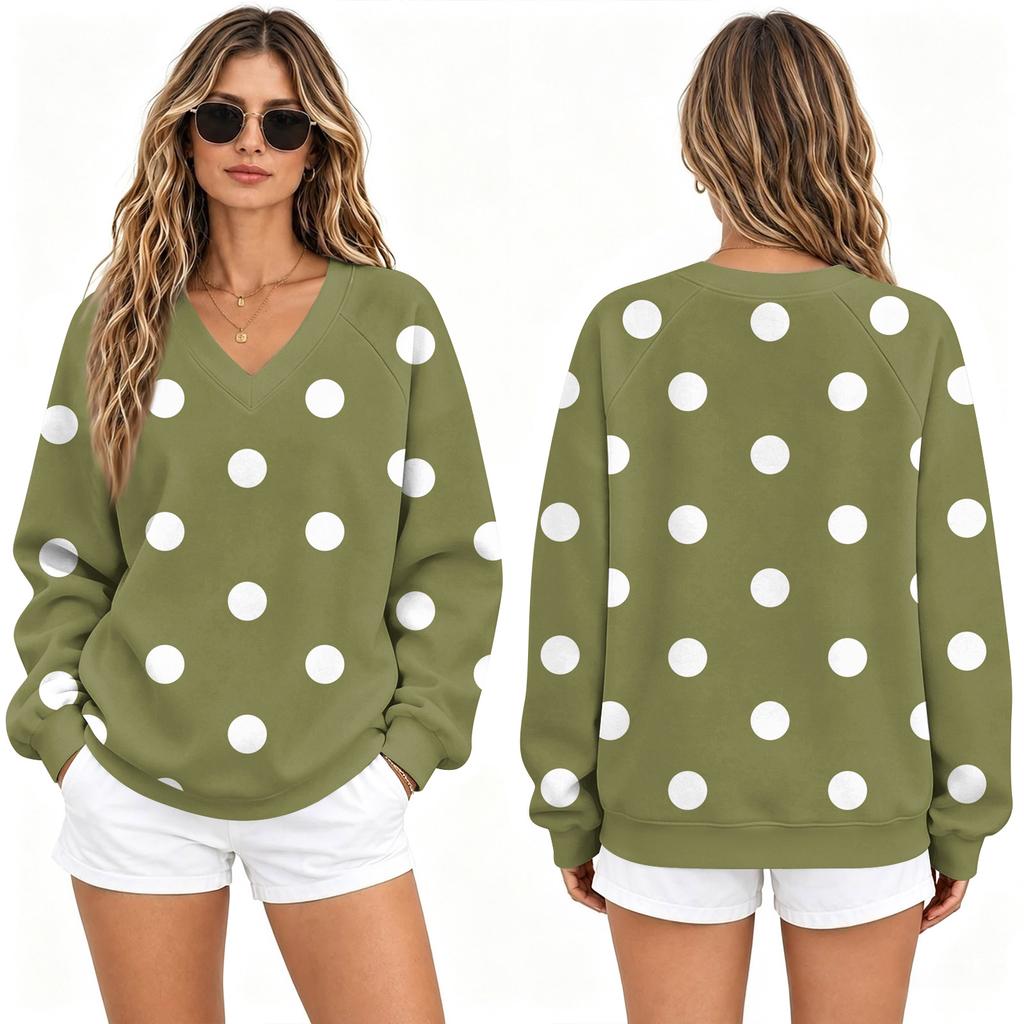 Damen Locker geschnittenes V-Ausschnitt Raglan Sweatshirt mit Polka-Dot-Print Pullover Top