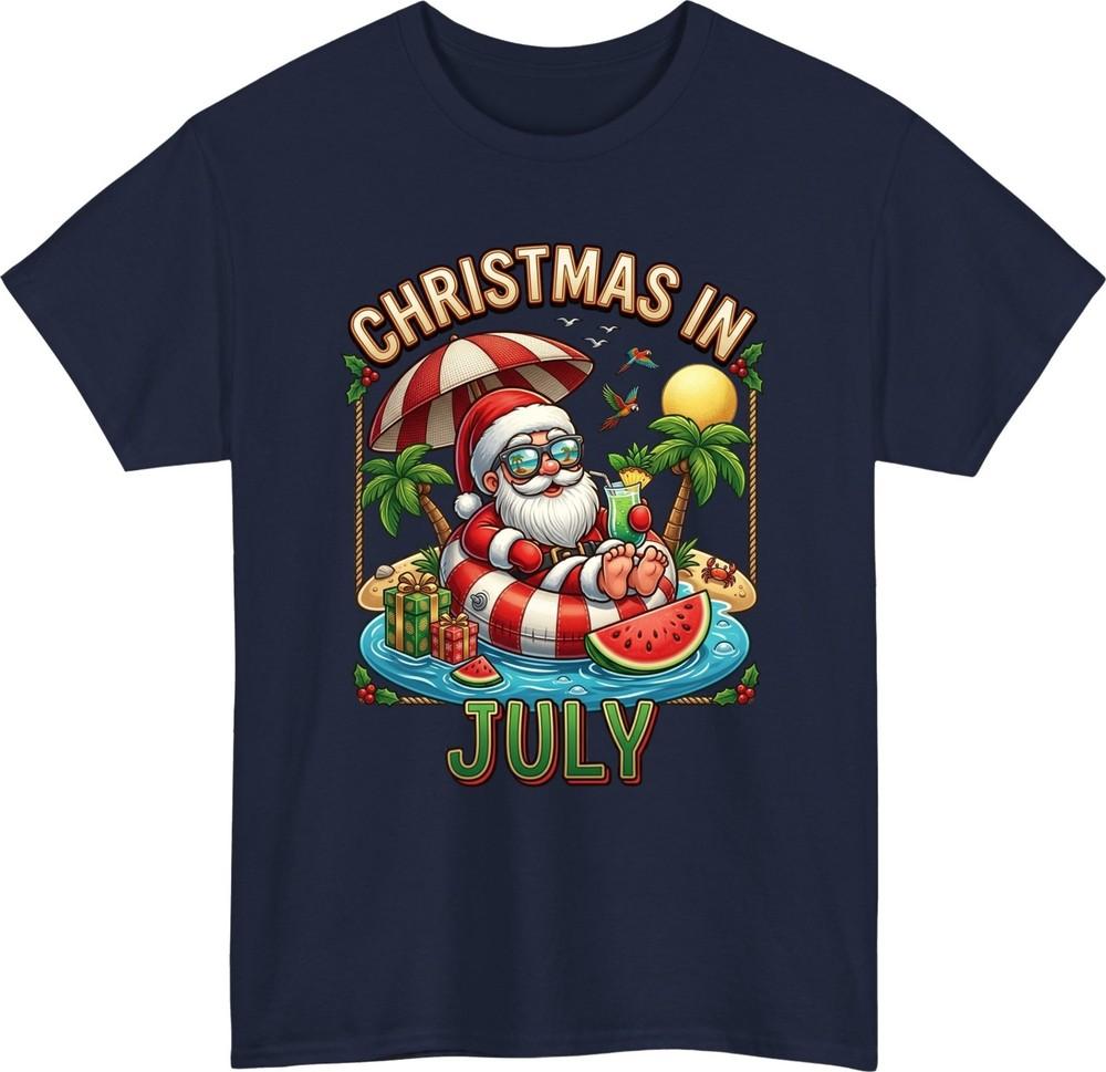 Christmas In July Shirt Funny Summer Santa T Shirt Tropical Xmas Vacation Tee S