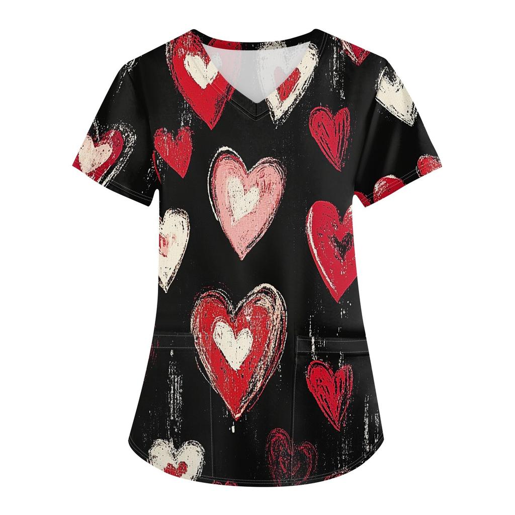 Women's Fashion V-neck Short-sleeved Work Clothes With Pockets Valentine's Day Print Top Care Wear