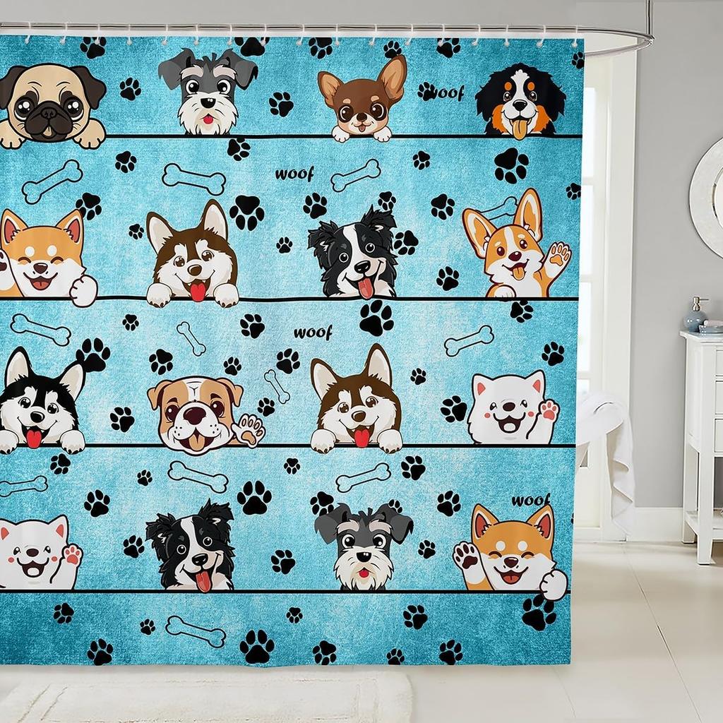 Lovely Dog Shower Curtains,Cute Puppies Cartoon Animal Bath Curtain,Paw Print Blue Cloth Fabric Bathroom Decor Set with Hooks
