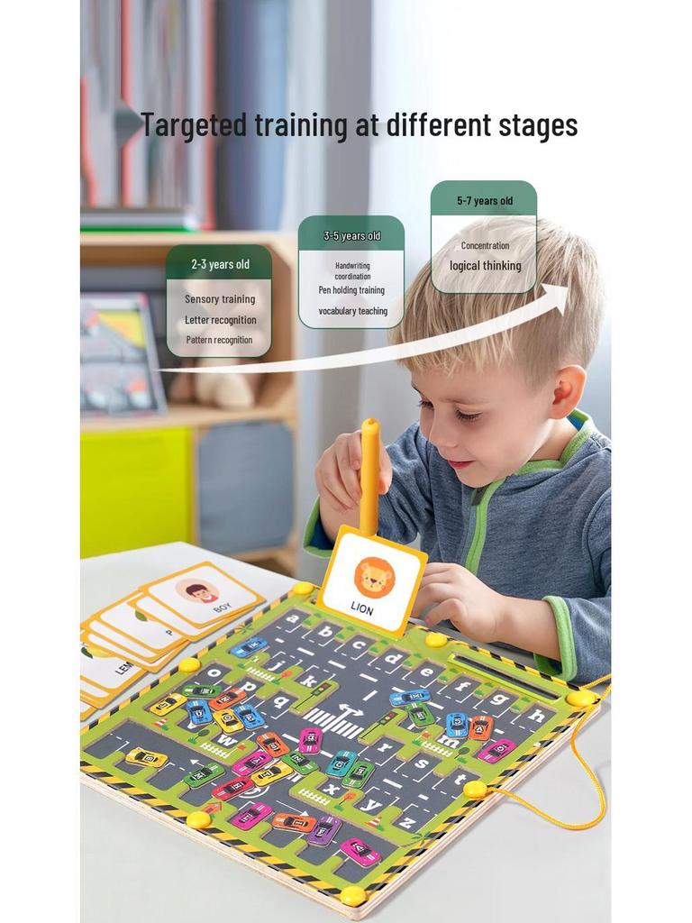 Kids' Wooden Train Garage Magnetic Maze Bead Game - Pen Control & Counting Board Educational Toy
