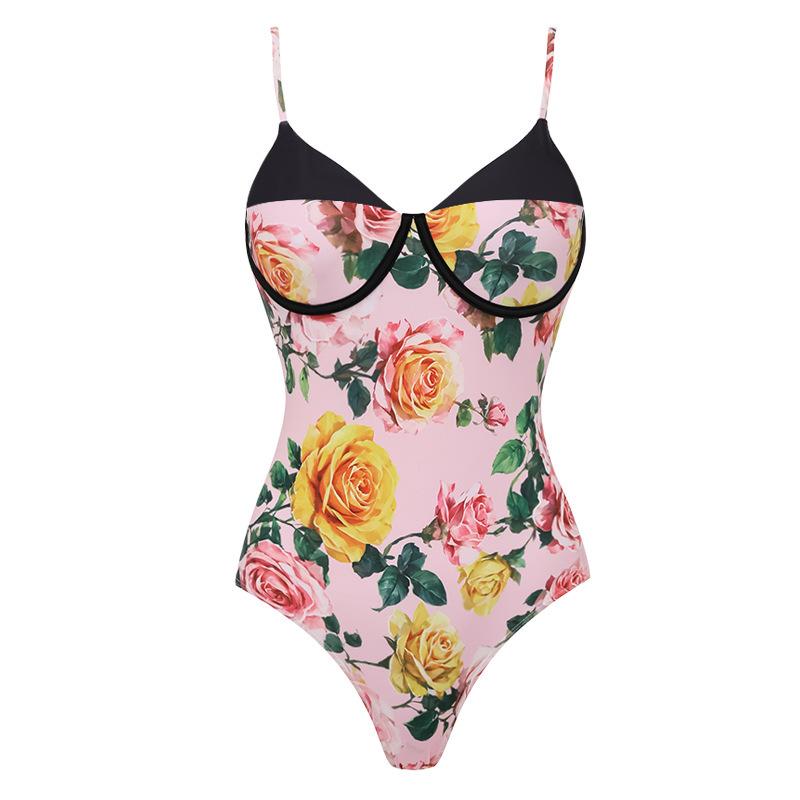 European and American swimwear floral sweet seaside vacation hot spring one-piece swimsuit conservative suit women S