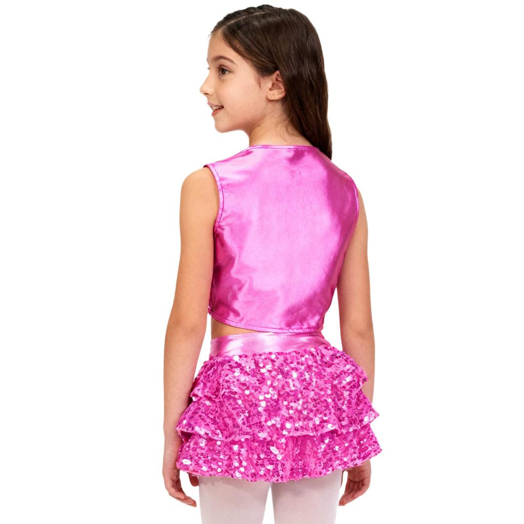 Girls 70s Disco Outfit Metallic Gloss Top Sequins Design Tassels Detail Ruffle Skirt Shorts Two Piece Set