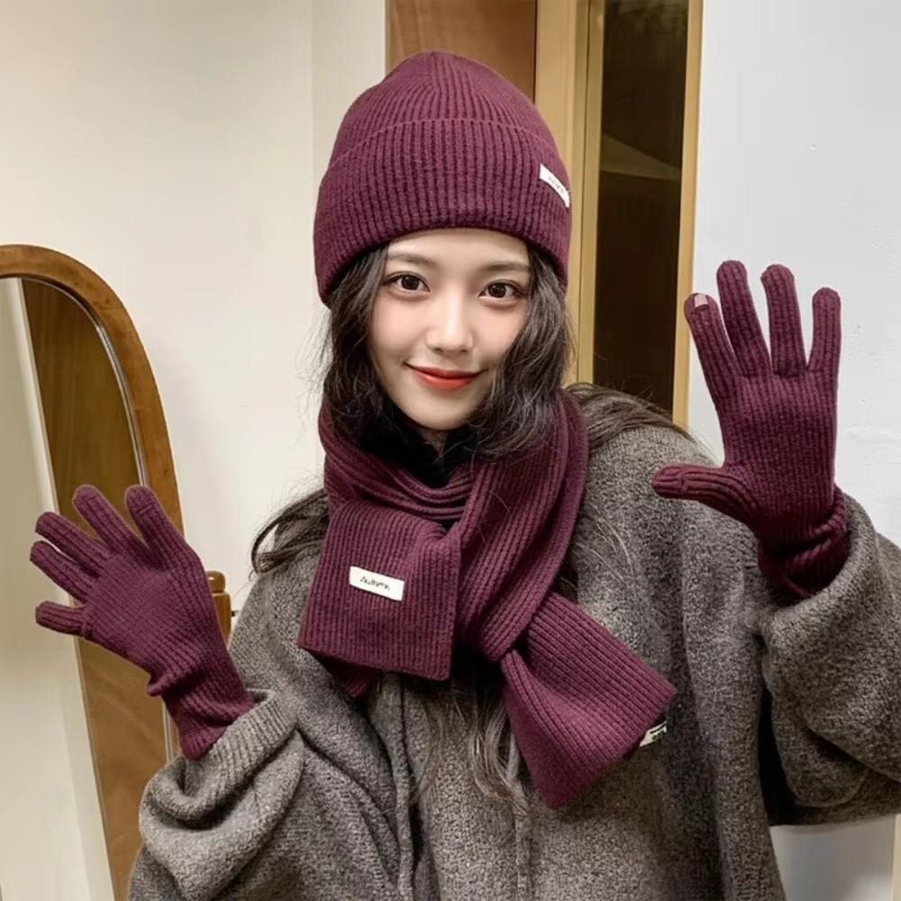 New Red Hat Scarf Gloves Set Ear Protection Thickened Knitted Woolen Cap Warm Cotton New Year Winter Beanie Hats Christmas Gift