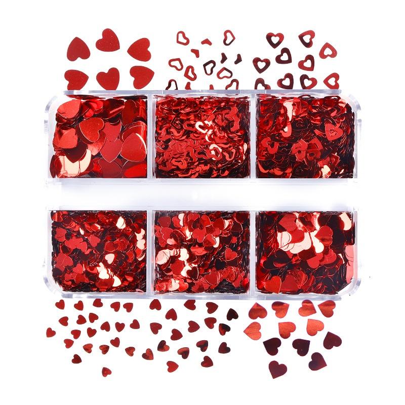 6 mřížek smíšené Valentýnské nail art flitry lesklé červené srdce s třpytivými vločkami na nehty potřeby pro profesionály příslušenství