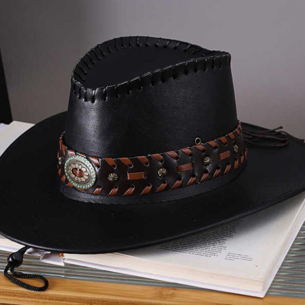 Pu Leather Cowboy Hat Lightweight Vintage Fedora Hat Wide Brim Sun Hat Adjustable For Themed Parties Hiking Music Festivals
