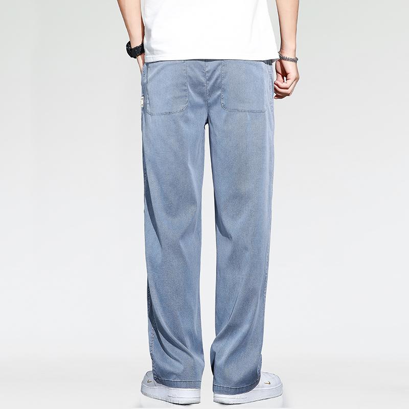 Letní Tenké Volné Široké nohavice Pánské Džíny Měkký Lyocell Elastické Módní Ležérní Rovné Stahovací Džínové Kalhoty Černá Modrá Šedá