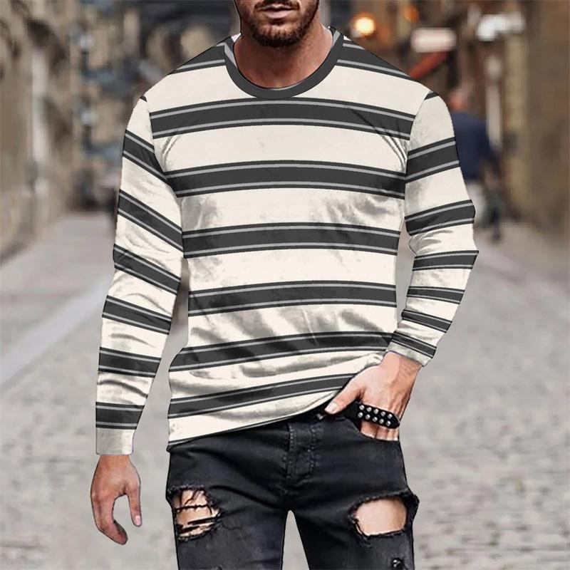 

Чоловічі футболки з 3D-принтом, кольоровим смугастим візерунком, з єднані, осінні, повсякденні, з круглим вирізом, топи, вільні футболки з довгим рукавом L