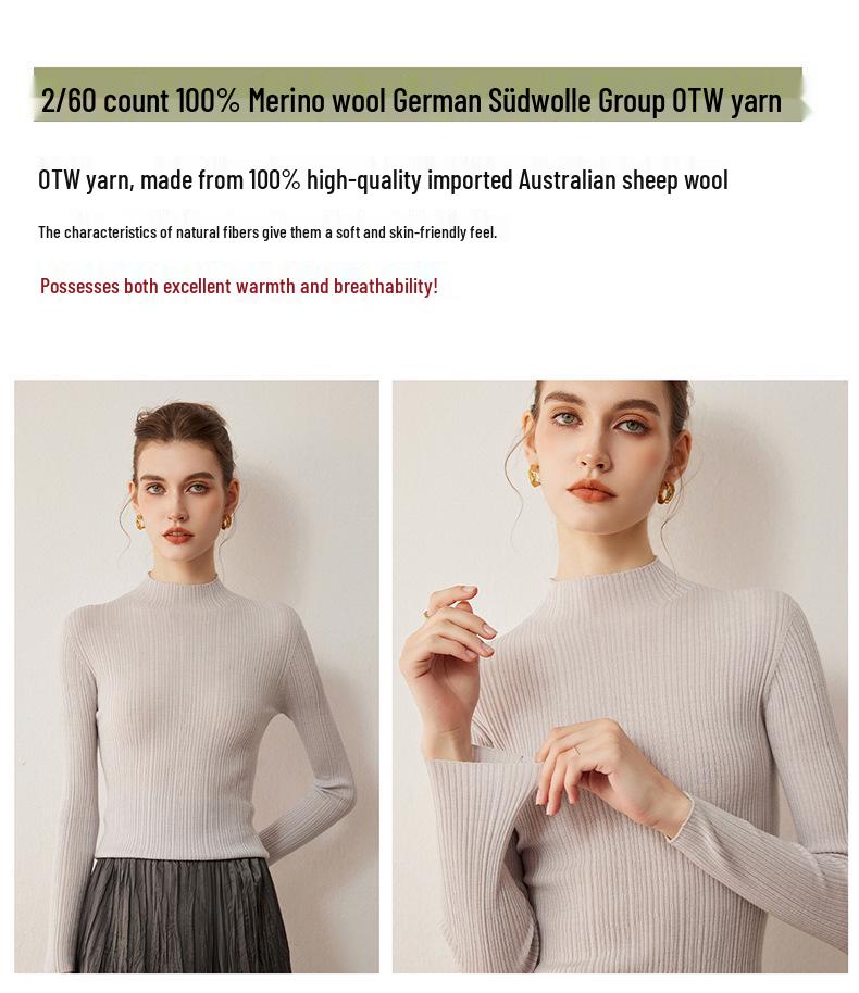 2025 Autumn Women's Slim Fit Korean Style Pleated Half-High Neck Wool Sweater