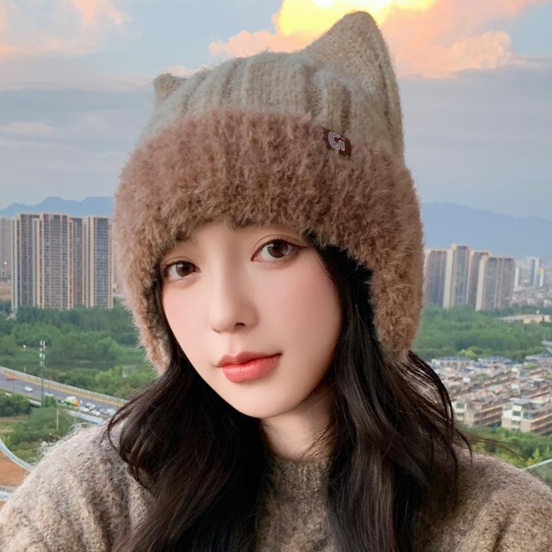 Cute cat ears knitted wool hat women's autumn and winter super cute headgear outdoor windproof ear hat