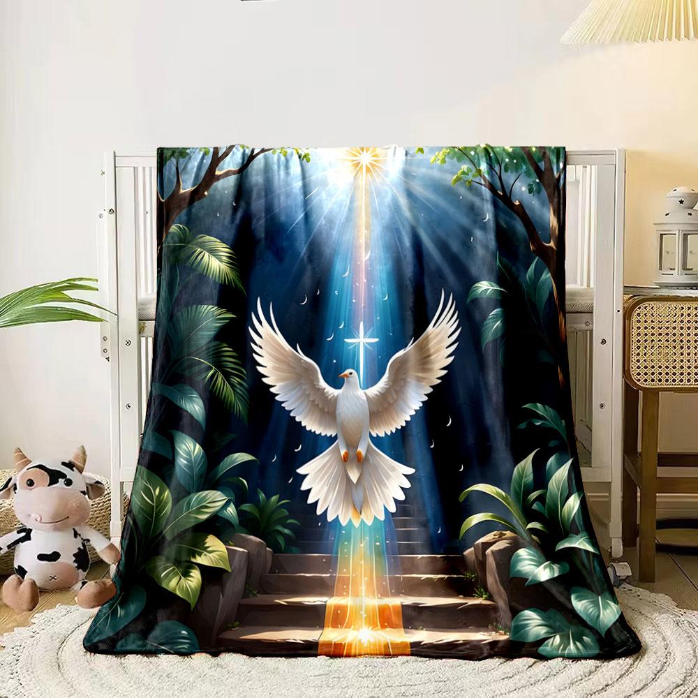 

Radiant dove ascending with beams of light amidst lush greenery. for all seasons blanket lunch break throw gift 80cm x 120cm