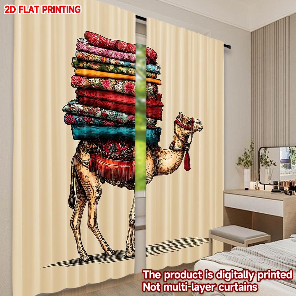 Camel Patterned Blankets Curtains Desert Animal Carrying Colorful Textiles Light Striped Background Living Room Curtain Set Of 2 Made Polyester