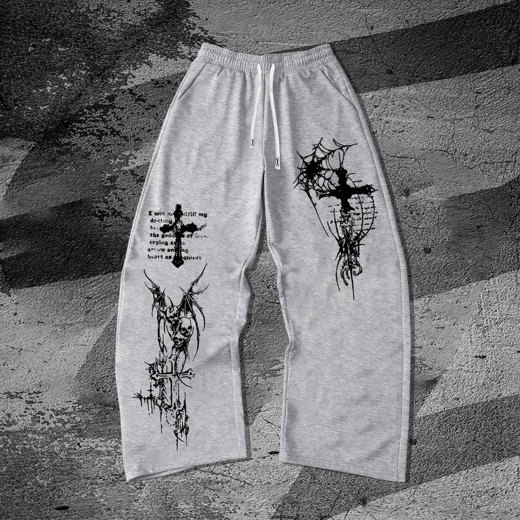 Dark-themed Devil's Cross Spider Web Wide-Leg Guard Pants, Outdoor Fashion Casual Pants