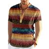 Color Block Striped 3D Print Henley Shirts Men's Fashion Vintage Button Stand Collar Short Sleeve T Shirt Tees Tops Man Clothing