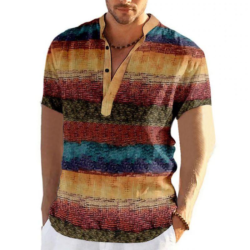 Color Block Striped 3D Print Henley Shirts Men's Fashion Vintage Button Stand Collar Short Sleeve T Shirt Tees Tops Man Clothing