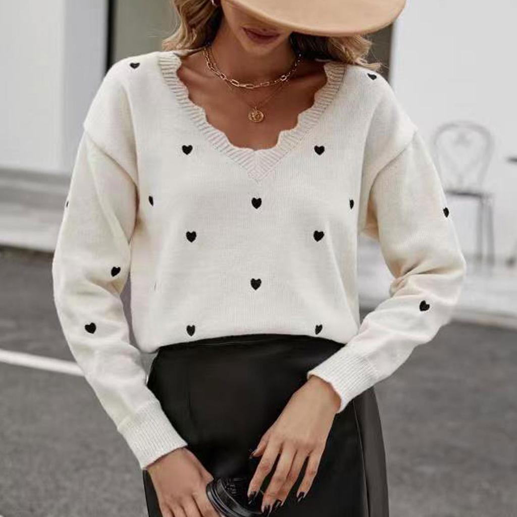 Women S Loose Fit V Neck Heart Jacquard Pullover Knit Sweater