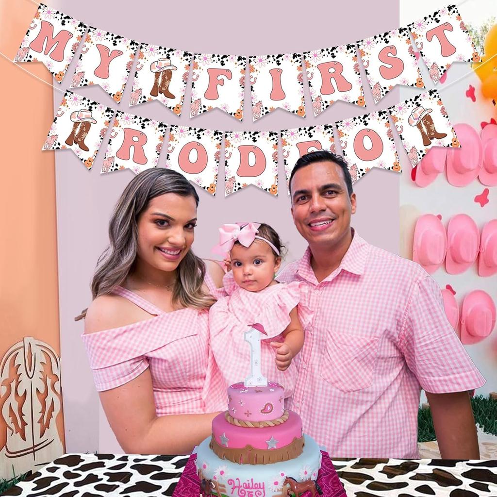 My First Rodeo 1st Birthday Banner, Western Cowgirl Theme, Pink Daisy Flower, Cardstock Banner for 1 Year Old Girl's Birthday Party Decorations