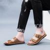 2025 Men Leather Beach Sandals and Slippers Men Beach Cross Cork Slippers Summer Solid Color Non-slip Leather Slide Shoe