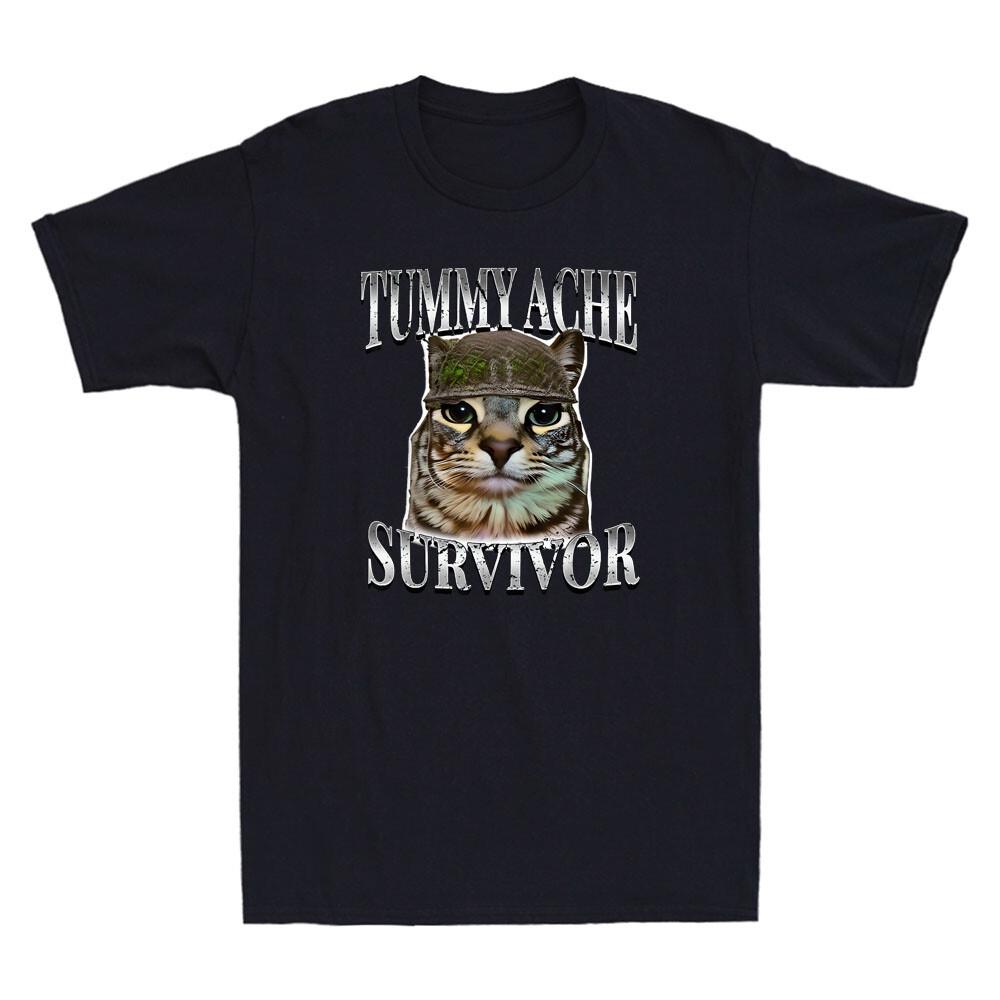 Tummy Ache Survivor Funny Cat Meme Humor Saying Cats Animals Retro Men s T-Shirt Unisex T-Shirt XXXL