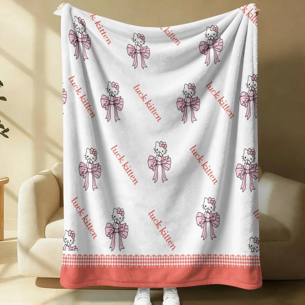 Sanrio Hello Kitty Plush Flannel Blanket Lightweight Throw Pink Gingham Apple Blanket Bed Sofa Cover School Office Nap Shawl