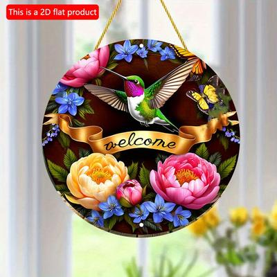 2D flach 20*20cm1Stk Boho-Stil Willkommenslogo Kolibri- und Schmetterlingsdesign Wandbehang Kunst rundes Ornament, hellfarbiges Blumenmuster perfekt
