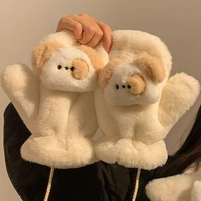 Mitaines d'hiver chaudes en peluche pour femmes avec cordon de cou - Gants de cyclisme coupe-froid