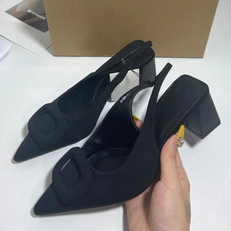 Chunky High Heels Sandals for Ladies Black Modern Office Slingback  Summer Footwear Classic Buckle Elegant Party Shoes Woman