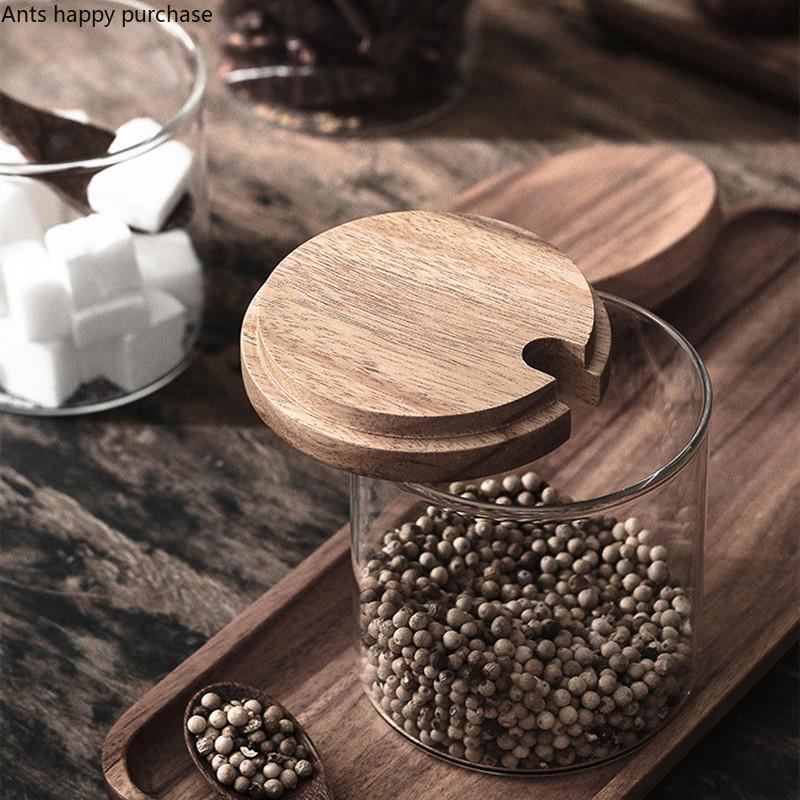 Home Glass Spice Jar Three-piece Set Kitchen Supplies Seasoning Box Wooden Cover Spoon Transparent Spice Container Spice Tools