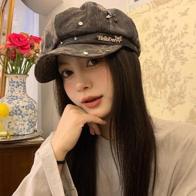 Retro Washed Rivets Niche Design Sense Painter Hat Shows Face Small Subculture Tie-dye Sweet Cool Y2K Beret