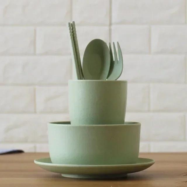 

New 6Pcs/Set Wheat Straw Baby Tableware Children Food Dishes Bowl Feeding Infant Learning Dinnerware Spoon Chopsticks Fork Cup зелёный