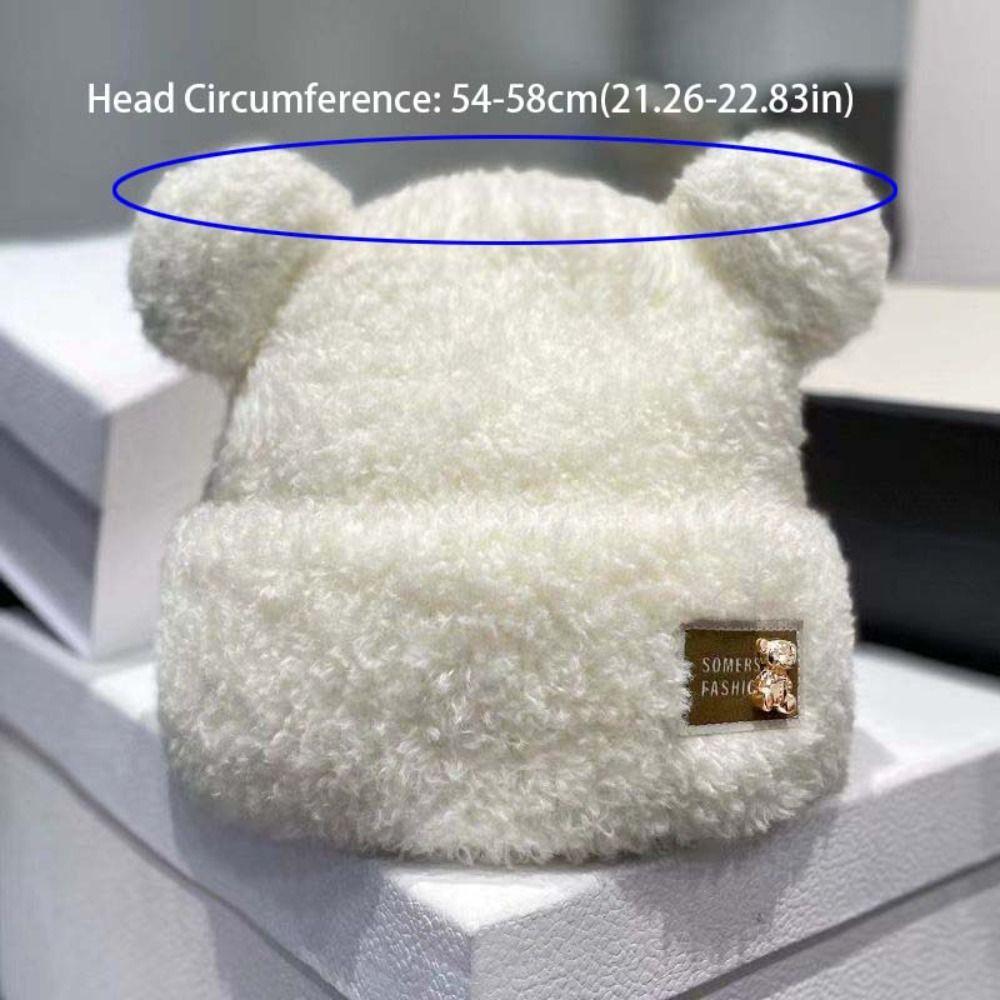 Cartoon Cat Ear Skullies Letter Winter Cap Cute Plush Bear Beanies  Streetwear