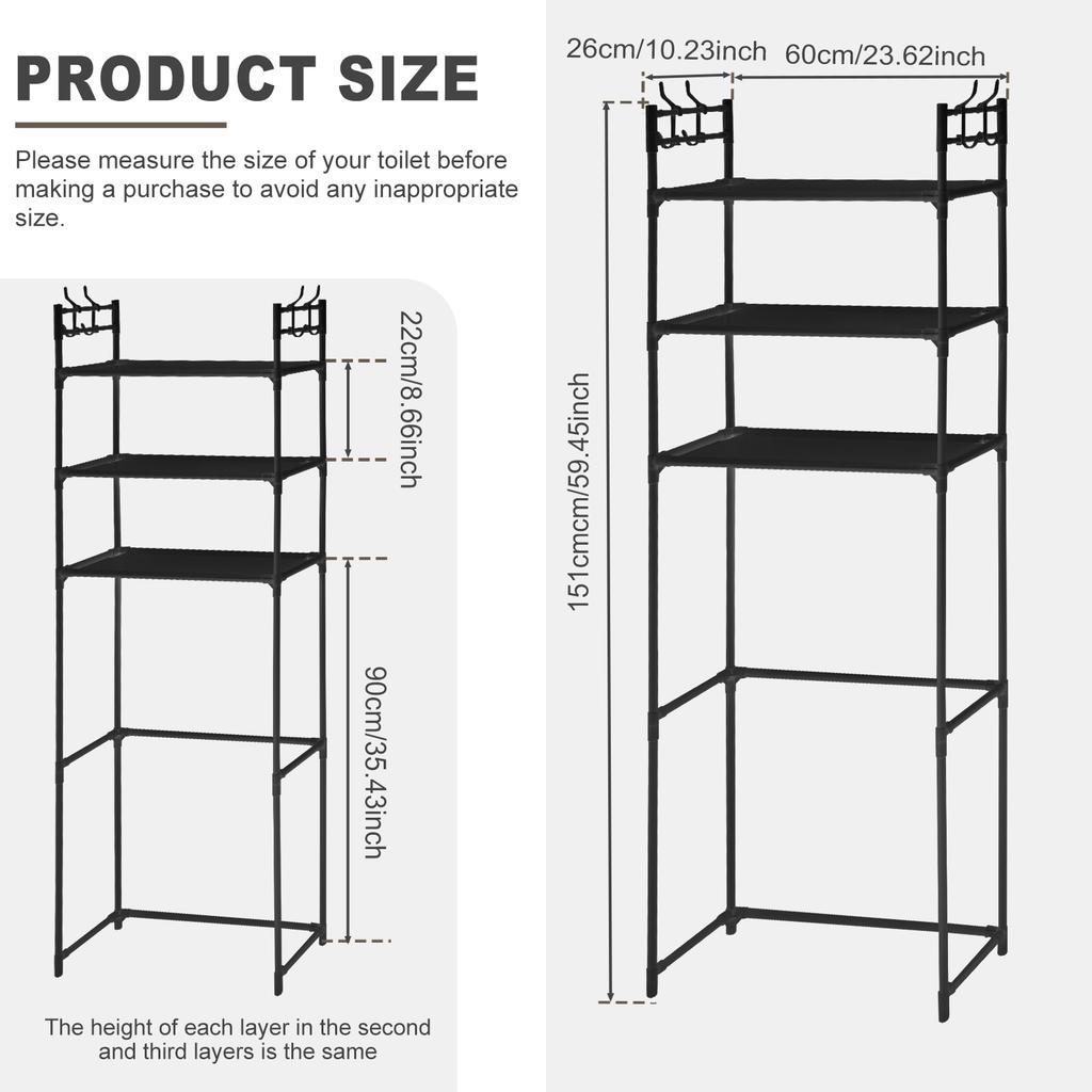 Over The Toilet Storage Rack with 4 Hooks 3 Tier Bathroom Shelf Punch-free Versatile Storage Rack for Bathroom Laundry Restroom