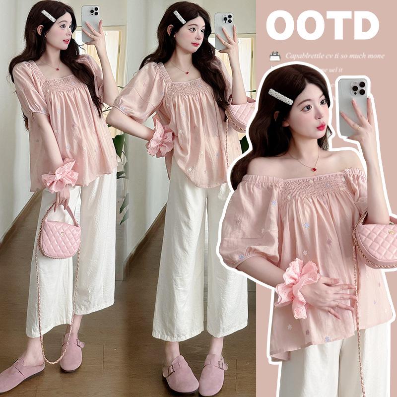 Spring/Summer Maternity Outfit: Slim Embroidered Doll Shirt & Straight Pants Set L