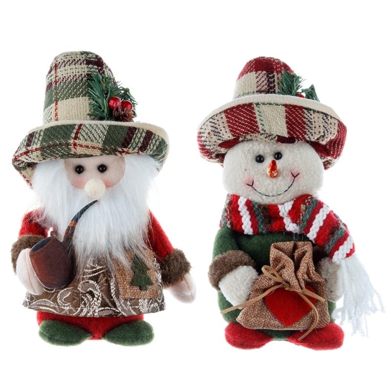 

Festival Snowman and Santa Checkered Fabric Figurines Plush Dolls 2Pieces Set Christmas Table Shelf Decorative Ornaments 1