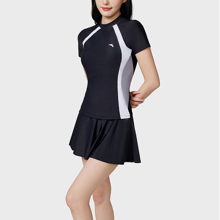 Anta Comfortable Color Block Short Sleeve Top Round Neck Simple Versatile Skirt Style Two Piece Swimsuit Women Swimsuit Black White 1825332478-1