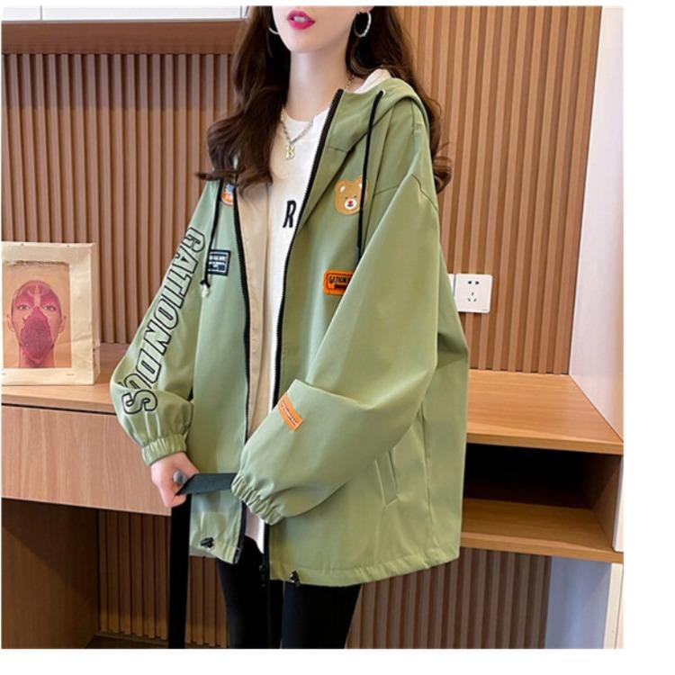 Herbst und Winter Damen Kapuzenjacke Olivgrün Mantel Niedliche Bärenstickerei Locker Lässige Oberbekleidung