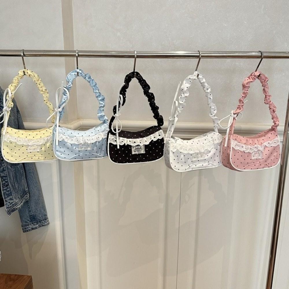 Drawstring Polka Dot Shoulder Bag Stretchable Strap French Stick Handbag Women