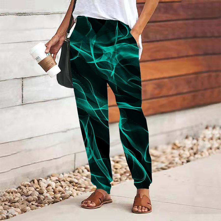 Women Smoke Printing Pants Lace Up Elastic Waist Loose  Trousers Casual Long Pants Trousers with Pockets