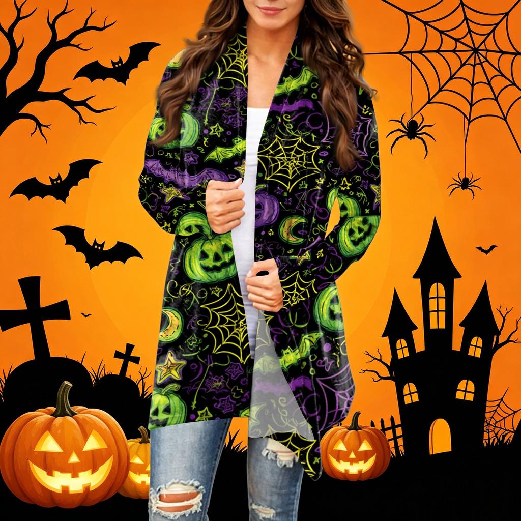 Women's Casual Halloween Printed Long Sleeve Mid-Length Cardigan Jacket for Fall