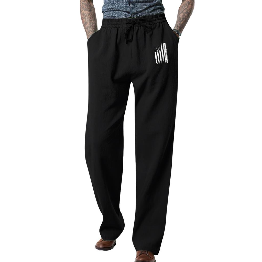 Men's Loose Casual Cotton Linen Trousers Elastic Tie Printed Straight Pants