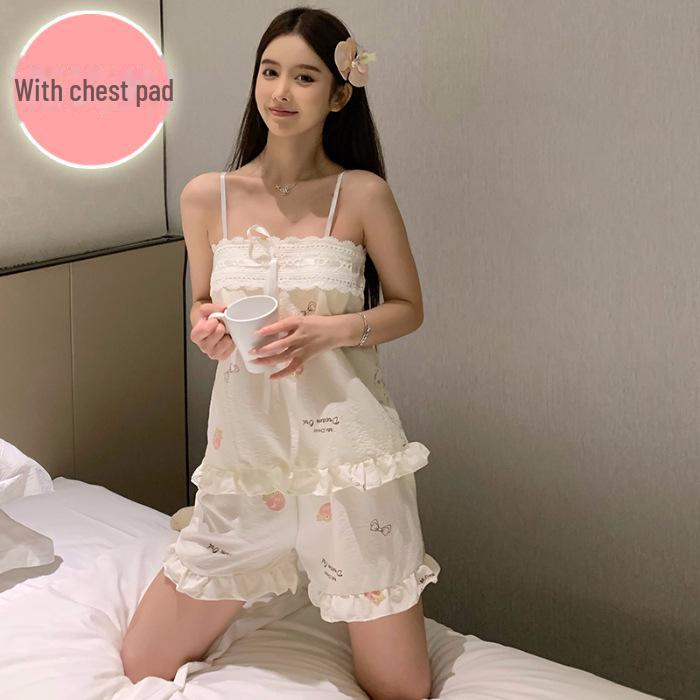 

Жіночий літній комплект піжами з бавовняної тканини Cloud з нагрудною підкладкою, бретельками-спагетті, шортами та сексуальним вишуканим стилем. XL