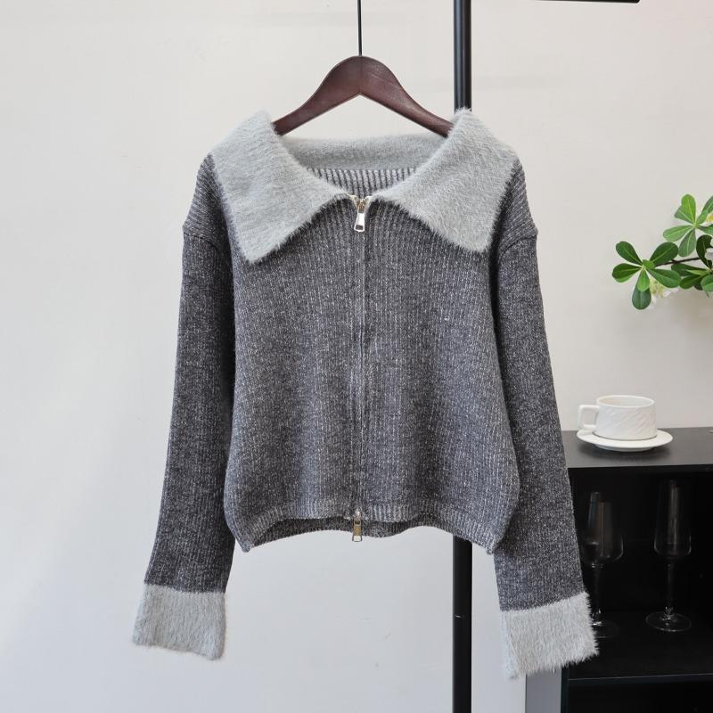 Autumn and Winter New Splicing Imitation Mink Velvet Knitted Cardigan Zipper Short Design Soft Waxy Sweater Jacket Women